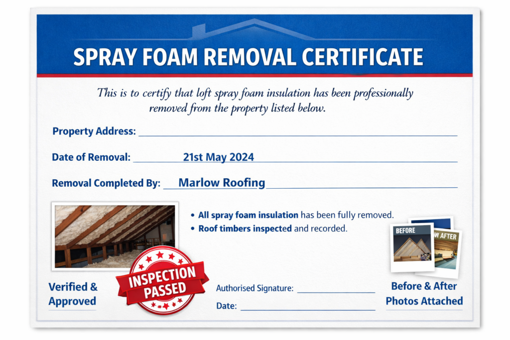 Spray foam removal certificate details